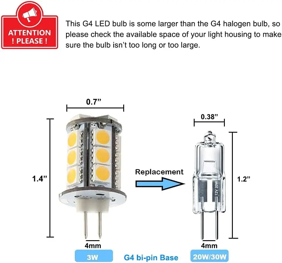 천장 조명용 LED 램프 전구, RV 보트 야외 조경 조명용, AC DC 12V 3W G4, 20W T3 JC 타입 바이 핀 2700K