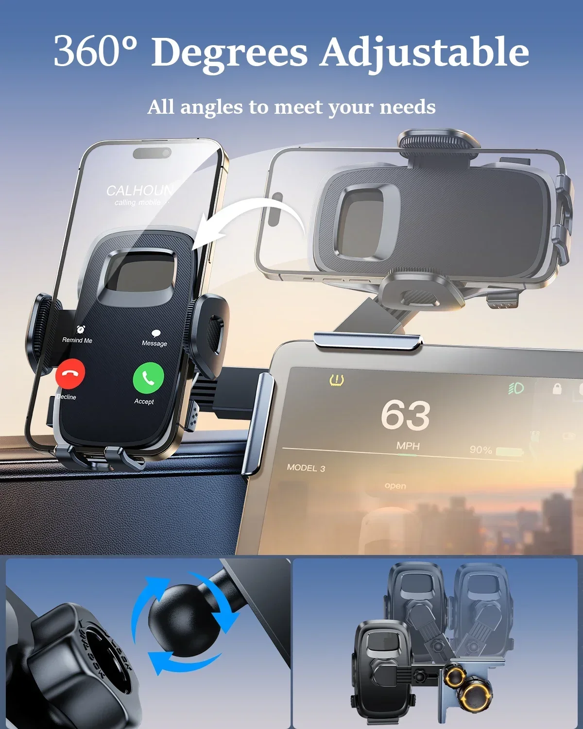 Eary Car Phone Holder Mount Display Screen Side 360°Rotating Adjustable Automobile CellPhones Shockproof Stand For iPhone 16 15