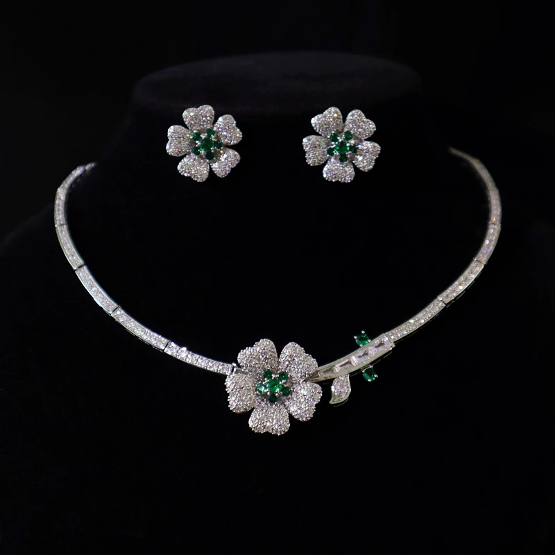 

New Flower Micro-inset Zircon Necklace Earrings Two-piece Dinner with Dress Jewelry Wedding Accessories