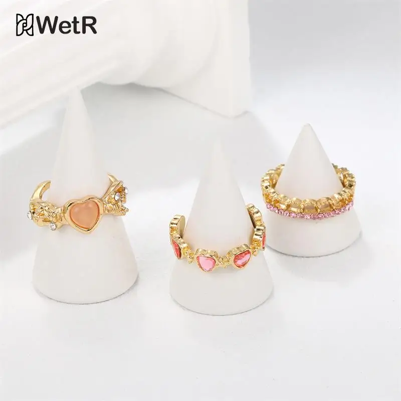 Y2k Pink Crystal Rings For Women Girls Heart Bowknot Ring Butterfly Finger Ring 3pcs/Set Romantic Fashion Party Jewelry Gifts 5