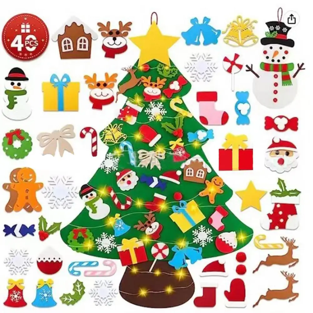 Hanging Christmas Tree for Door Plush Christmas Tree for Kids Montessori Felt Set with Ornaments Lights Kids