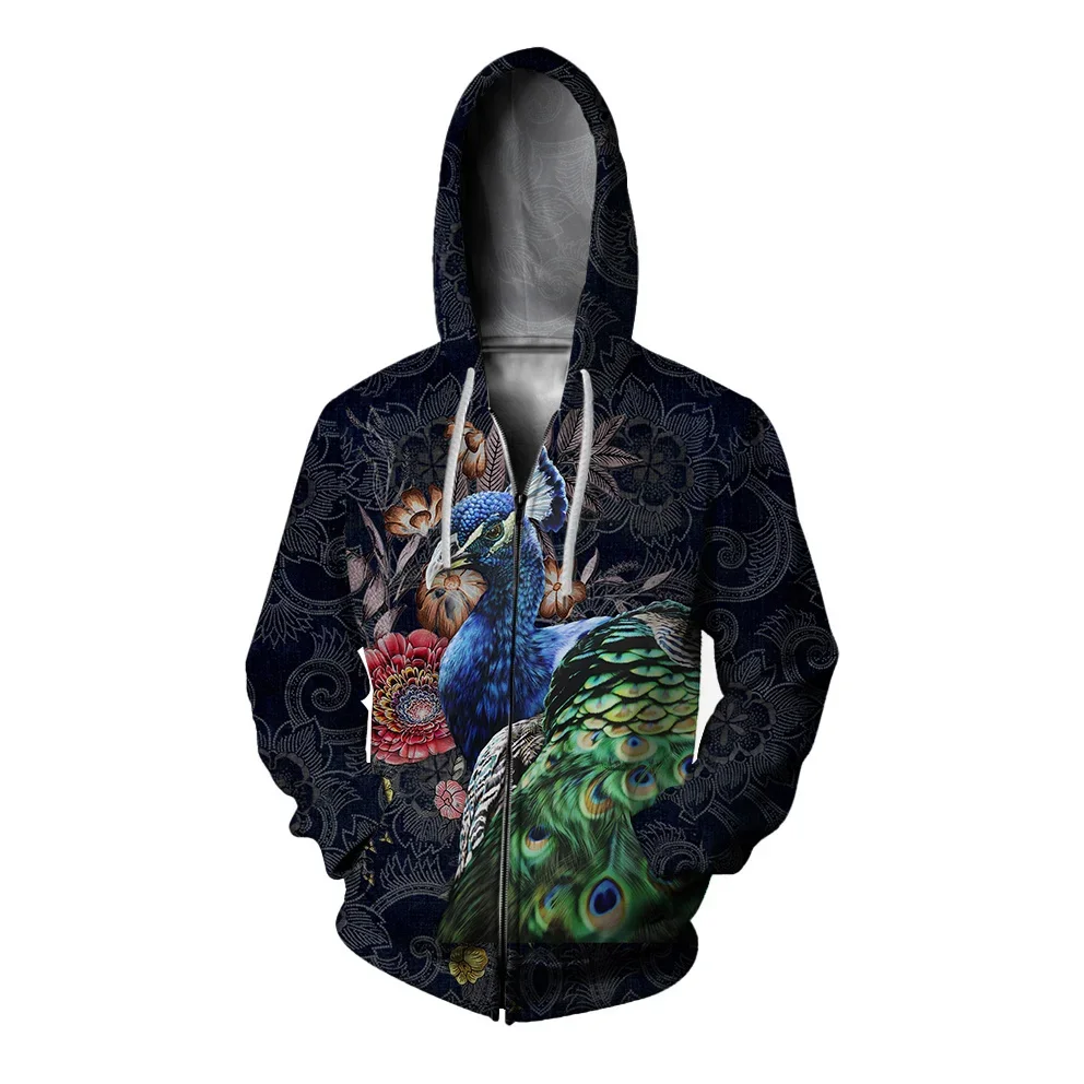 thumbnail image 1 of Sudadera con capucha y cremallera para hombre, ropa de otoño, sudadera con capucha para hombre, sudadera con capucha Y2k, ropa con estampado de pavo real y fénix de moda para hombre, sudadera, 1 of 5