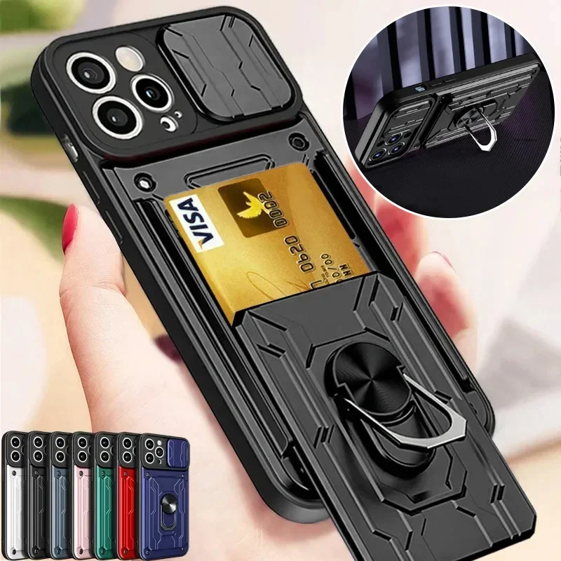 Luxury Shockproof Case with Rotating Metal Ring Stand and Card Slot
