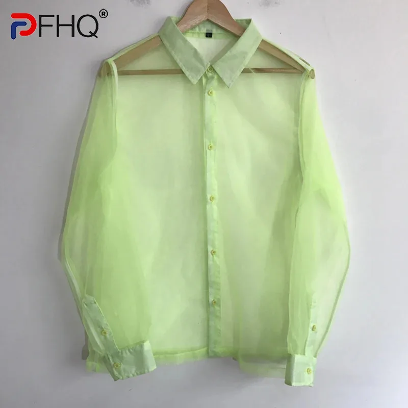 

PFHQ Men's Fluorescent Perspective Organza Tops Leisure Solid Color China-Chic Summer Breathable Personalized New Shirts 21Z1554