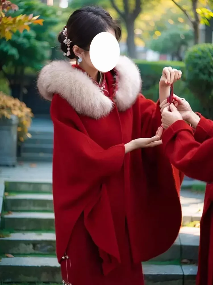 

New Chinese Style Red Cloak Robe Coat Woolen Coat Toast Clothing
