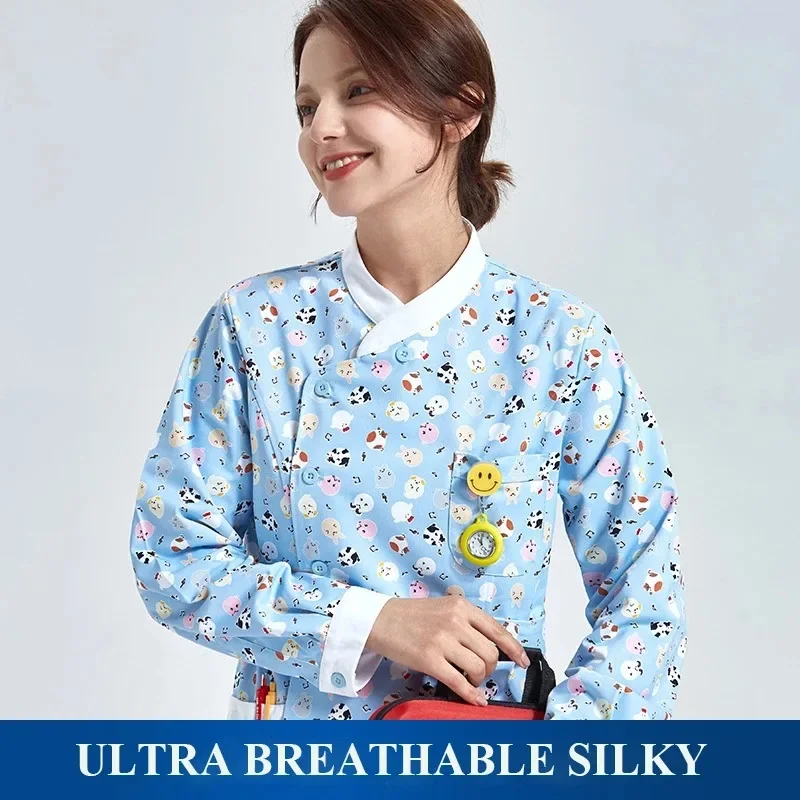 

High Quality and Comfortable Women's Print Nurse Uniform Medical Scrub Top ICU Scrubs Silky Hospital Nursing ClothingCoatOutfits