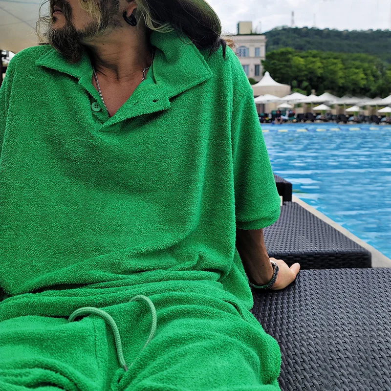 Short Sleeved T-lapel OLO Shirt Short Sleeved Linen Sweat-absorbing Loose Shorts Set Loose Towel Cloth Casual Set Men's Clothing