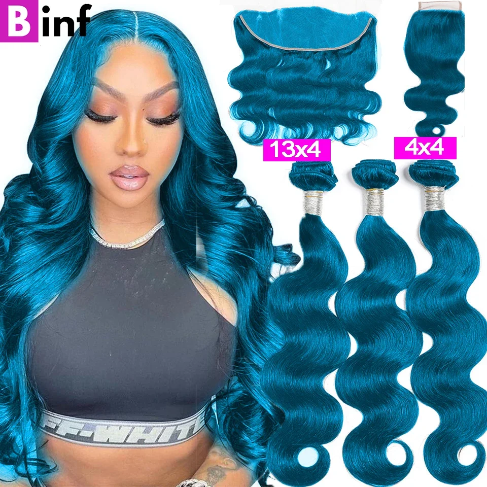 8-30 Inch Hot Colored Body Wave Human Hair Bundles with Closure Peruvian Remy Hair Lake Blue Body Wave Bundles with 13x4 Frontal