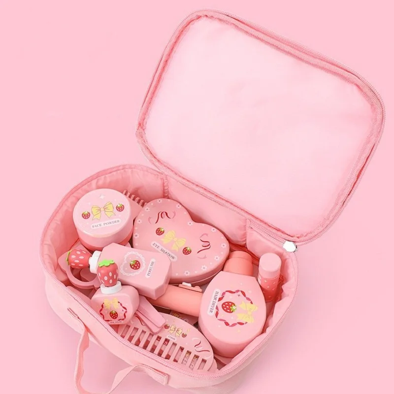 Children Wooden Play House Toys Pink Makeup Bag Simulation Girl Make Up Set Dressing Table Cosmetics Toys Birthday Gift