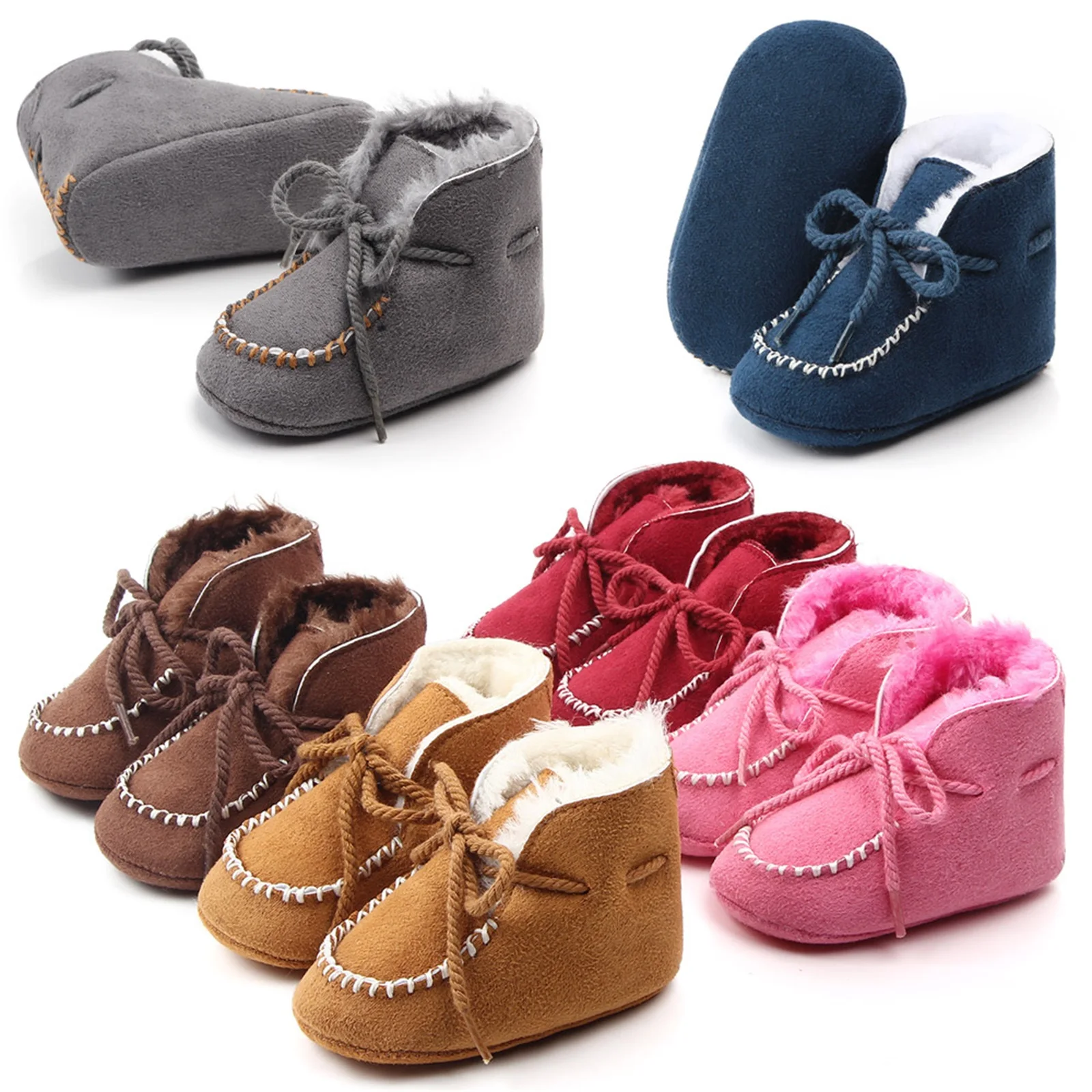 Newborn Baby Winter Thicken Lining Boots Tie-Up Adjustable Drawstring Non-Slip Sole Plain Warm Thermal Early Walkers Shoes