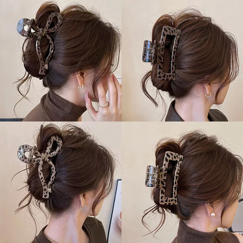 Leopard Print Love Hair Claw Ladies Temperament Ponytail Hairpin Crab Shark Clip For Women  Simple Festival Hairpin Hair Claw