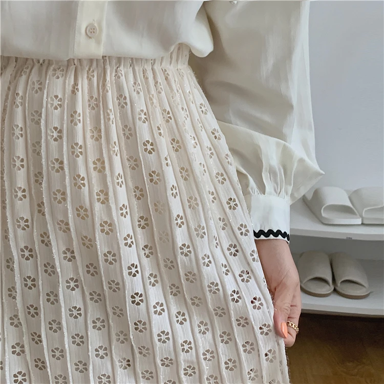 Hollow Lace Knitted Skirt Tassels Pleated Long Skirts Korean Elegant Casual Elastic High Waist Skirt Black Apricot Spring Summer white pleated skirt