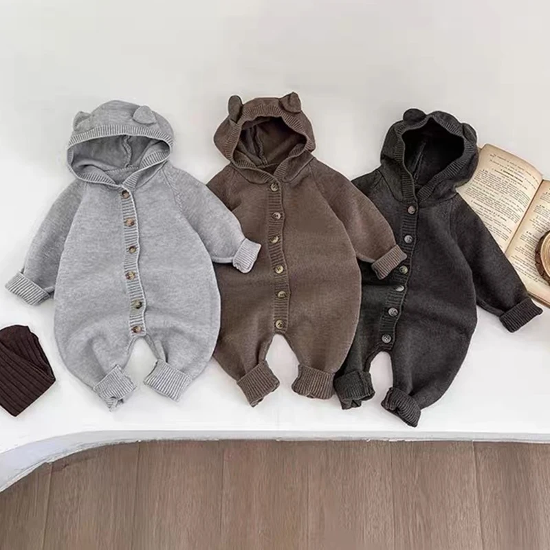 New Autumn Baby Romper Knitted Newborn Girls Jumpsuit Outfit Hooded Toddler Children Clothing Cartoon Bear Ears Knitted Clothing 2
