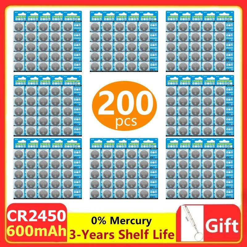 

200PCS CR2450 3V Lithium Batteries CR 2450 Button Coin Cell DL2050 For Remote Control Watch Toys LED Light BR2450 LM2450 KCR5029