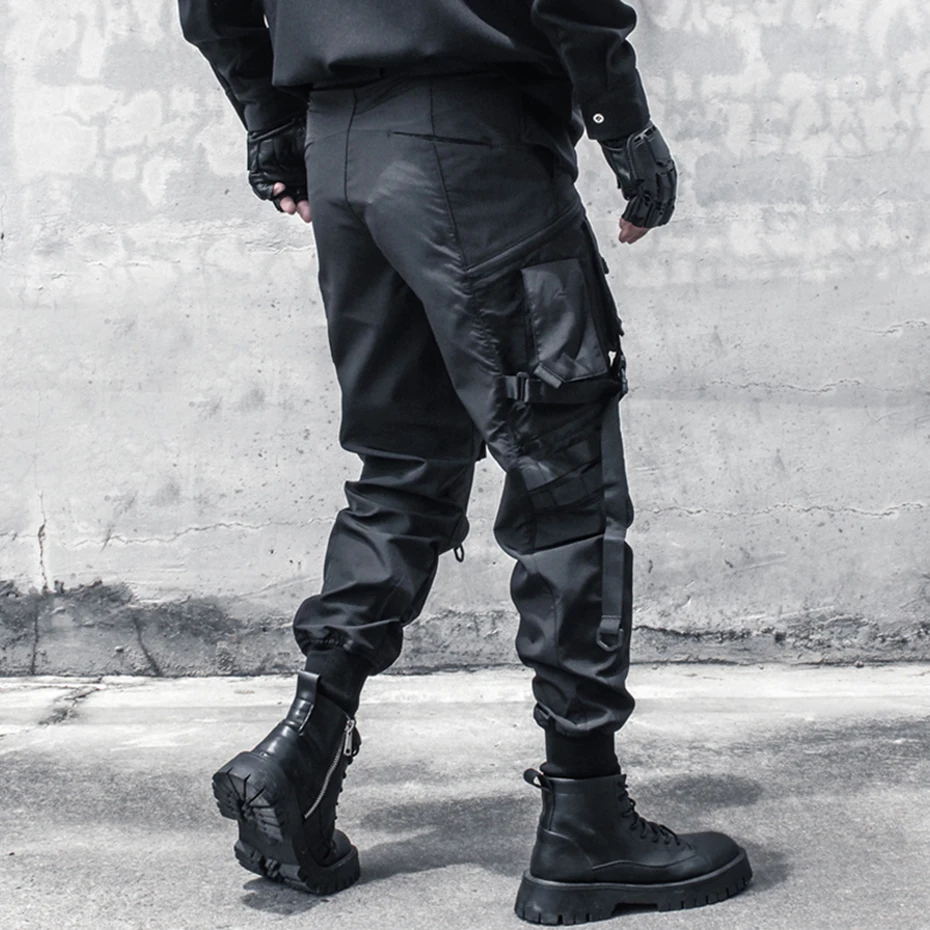 Punk Cargo Pants Men Multi Ribbon Pocket Splicing Ninja