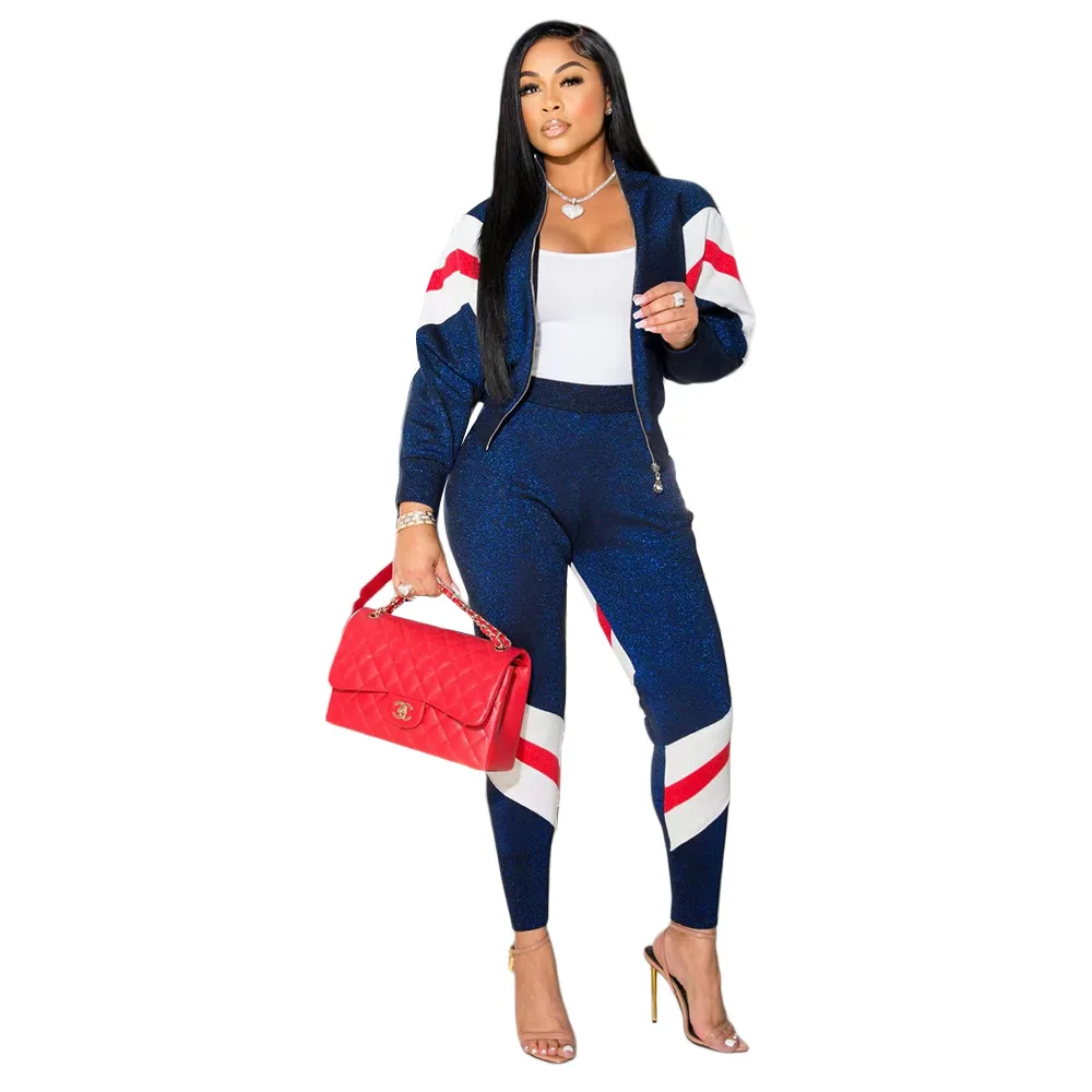 

Women's Autumn and Winter New Simple Fashion Casual Splicing Sports Zipper Silver Silk Jacket Trouser Cover