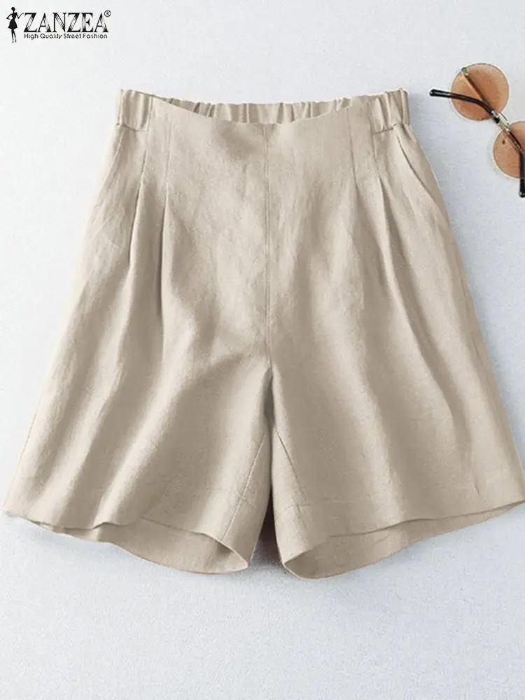 

ZANZEA Women Elastic Waist Solid Loose Pants Casual Cotton Palazzo Female Holiday Trousers Summer Beach Shorts Pantalon Oversize