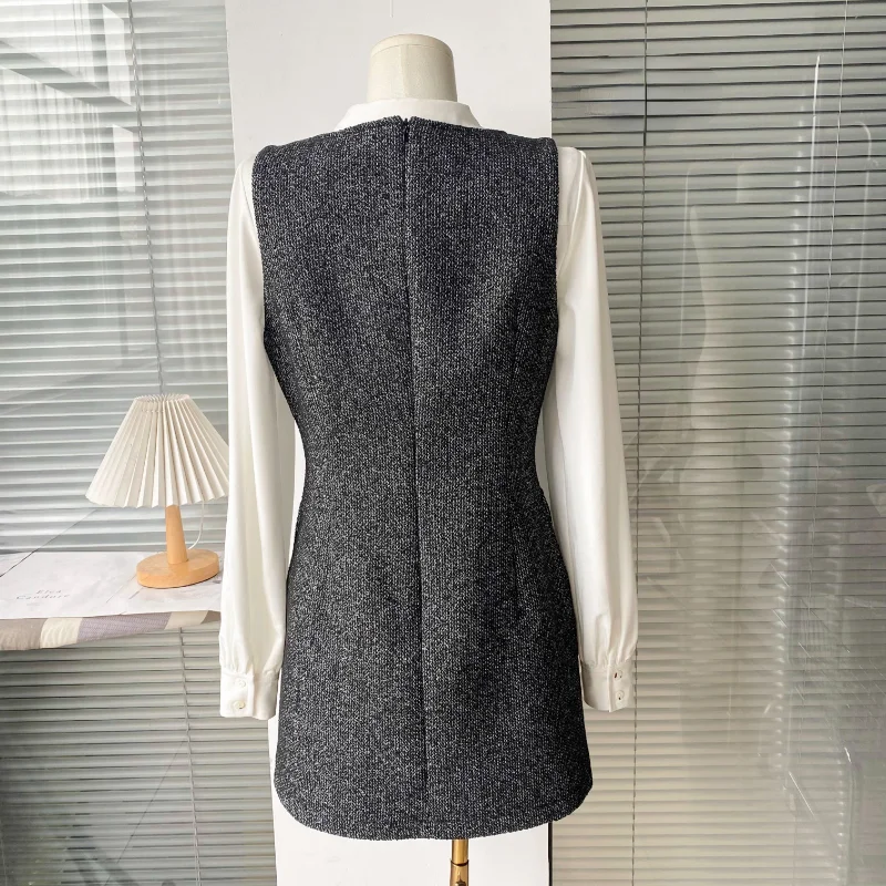 Women Shirt Collar Small Fragrance Vest Dress Set Fashion Simple Elegant French Office Korea Office Two-piece Tweed Lady Suit