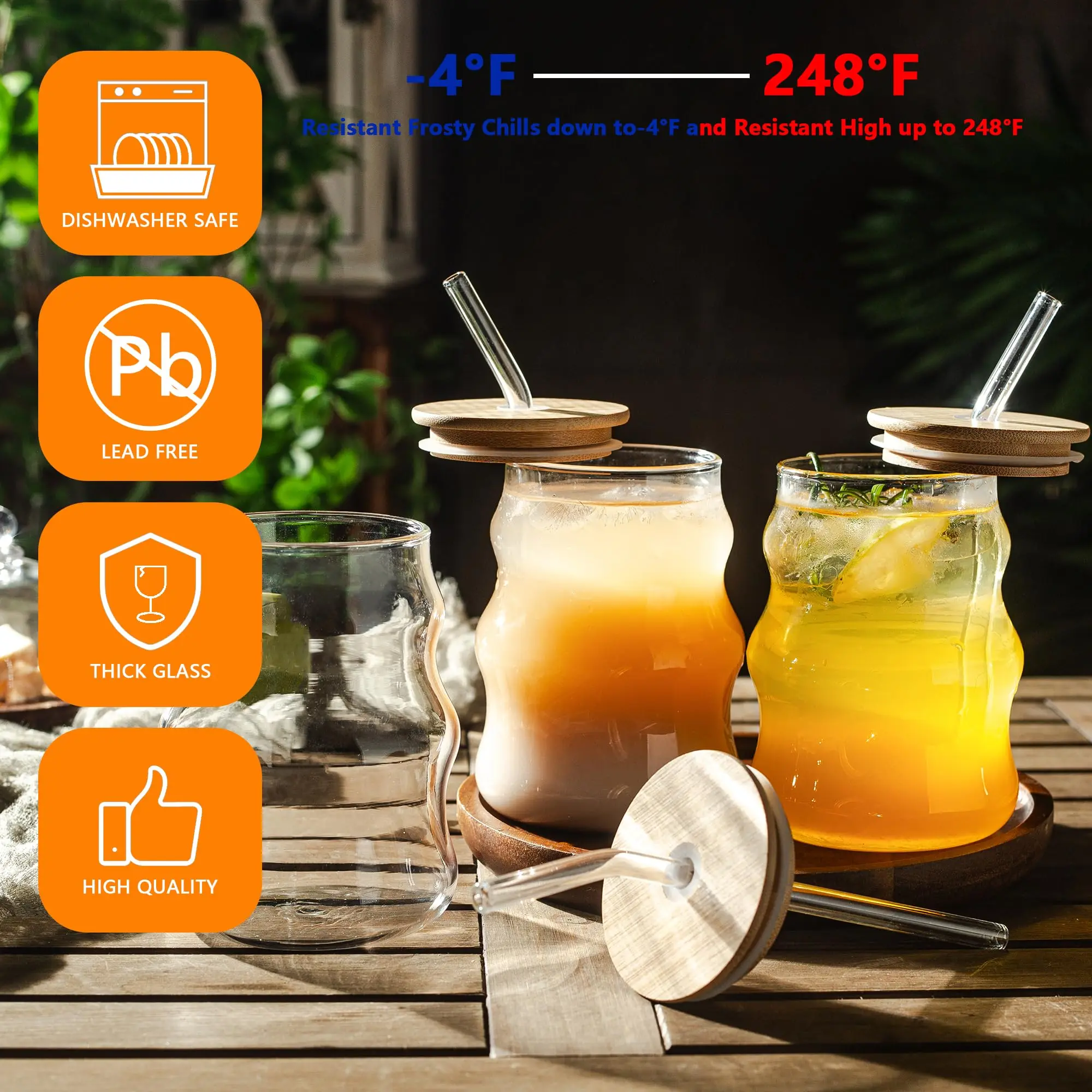 4PCS Ribbed Glass Cups With Straws With Lids Set 18Oz Vintage Drinking Glassware For Iced Coffee Beverage Milk Cocktails