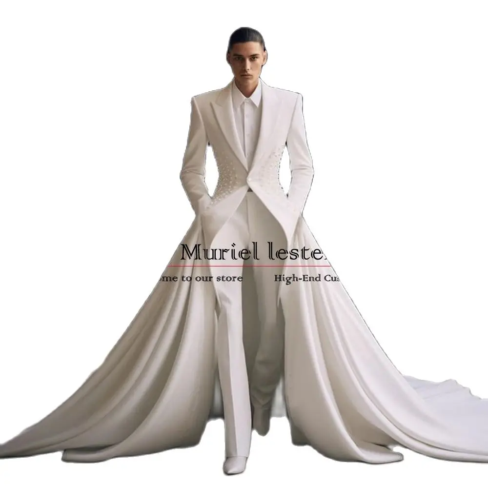 Men's Groom Wedding Tuxedos 3 Pieces Suit Elegance Pearls Beaded Prom Blazer Long Coat Pants Cape Banquet Customized