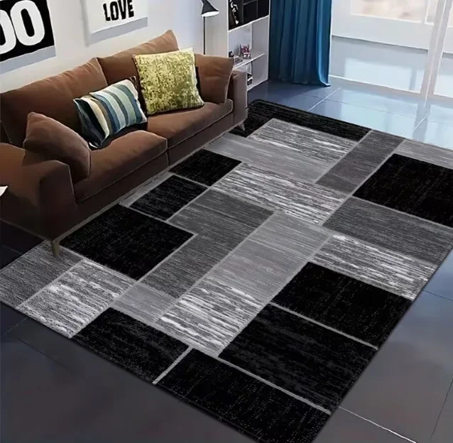 Сучасний мінімалістичний килимок Чорно-сірий геометричний візерунок, м’який фланелевий стійкий до вицвітання килим для декору спальні та вітальні