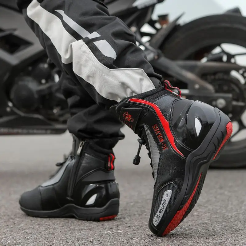 メンズバイク用ライディングシューズ 防水・滑り止めレザーモトブーツ