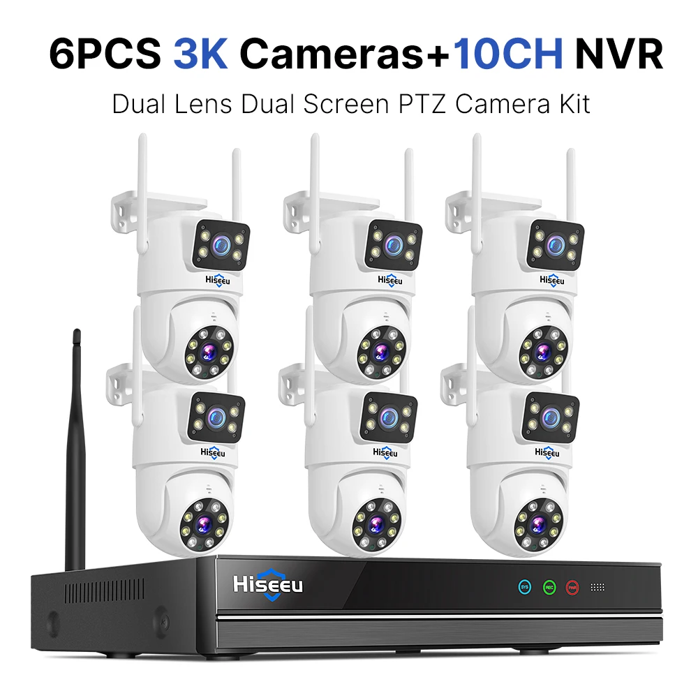 Hiseeu 6MP واي فاي عدسة مزدوجة كاميرا نظام الأمن ع...