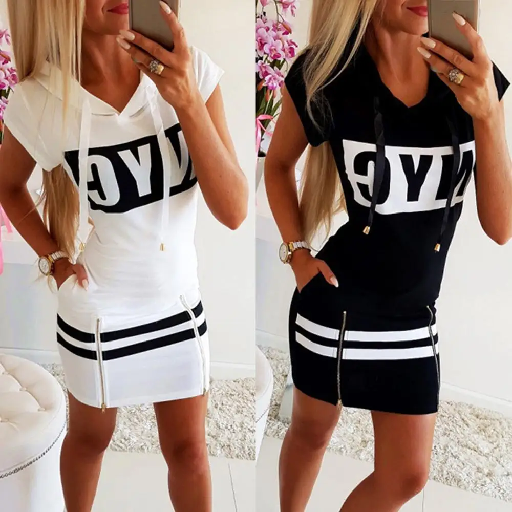 

Women Fashion Letter Pattern Hoodie Casual Short Sleeve Drawstring Zipper Hoody Bodycon Short Dress y2k dress dress for women