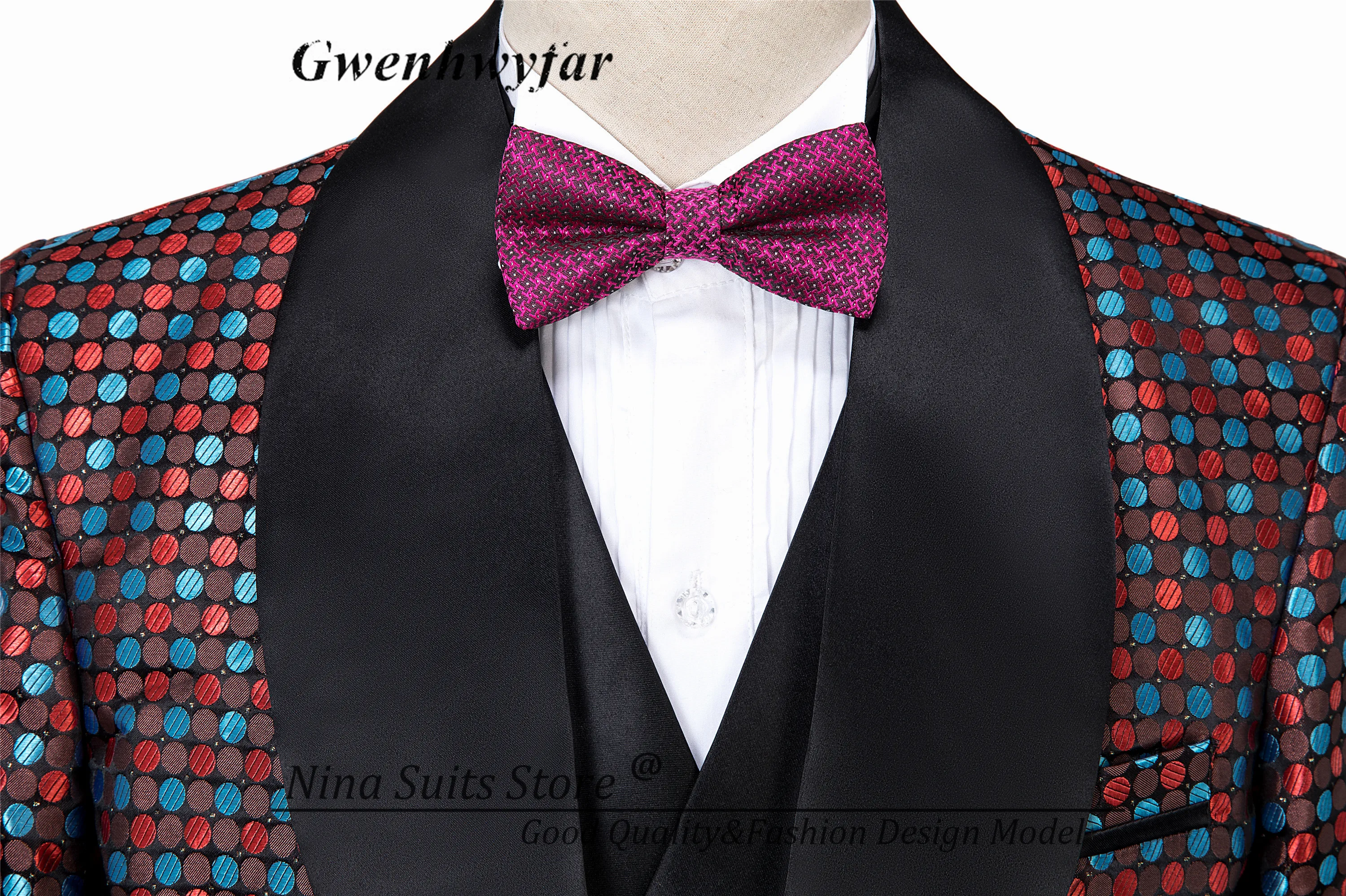 Gwenhwyfar Tailor-made Brown Red Blue Dots Pattern Costume Homme Black Shawl Lapel Men Suit Blazer Double Breasted Vest Pants