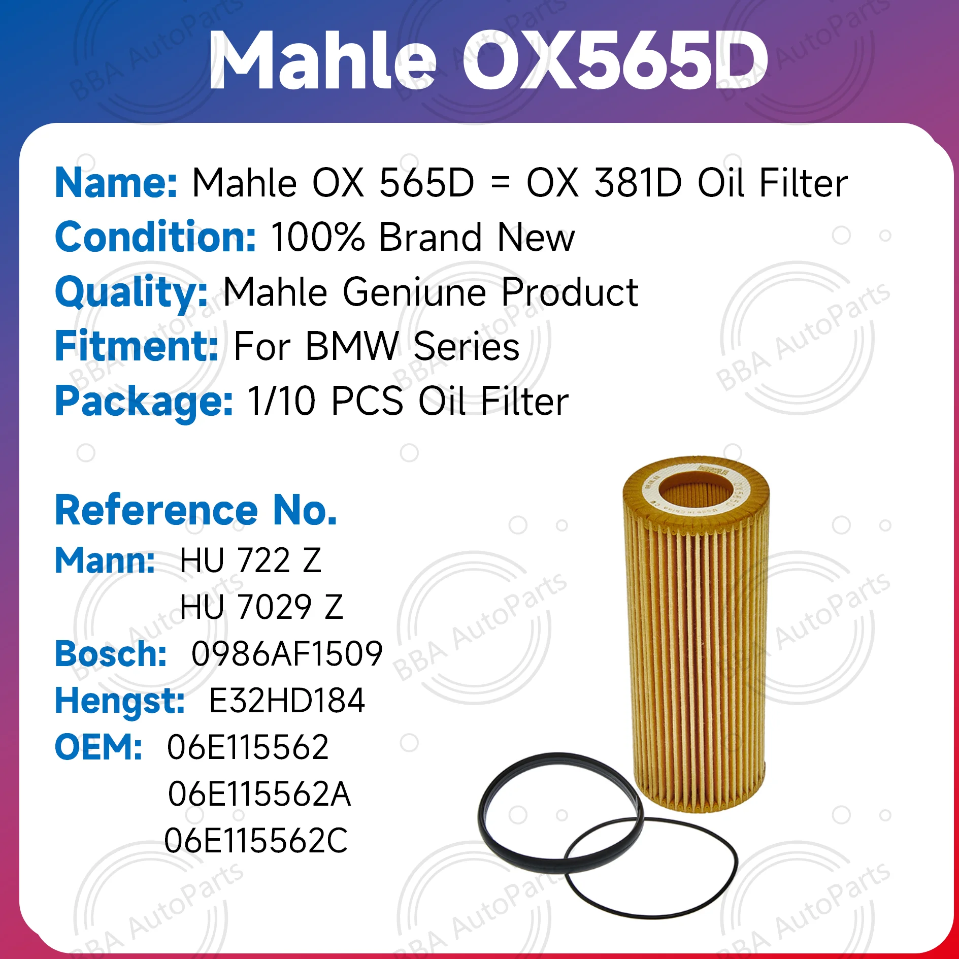 Mahle OX565D OX381D oil filter for Audi A4L A5 A6 A7 A8 Q5 Q7 S5 OE 06E115562 06E115562A 06E115562C
