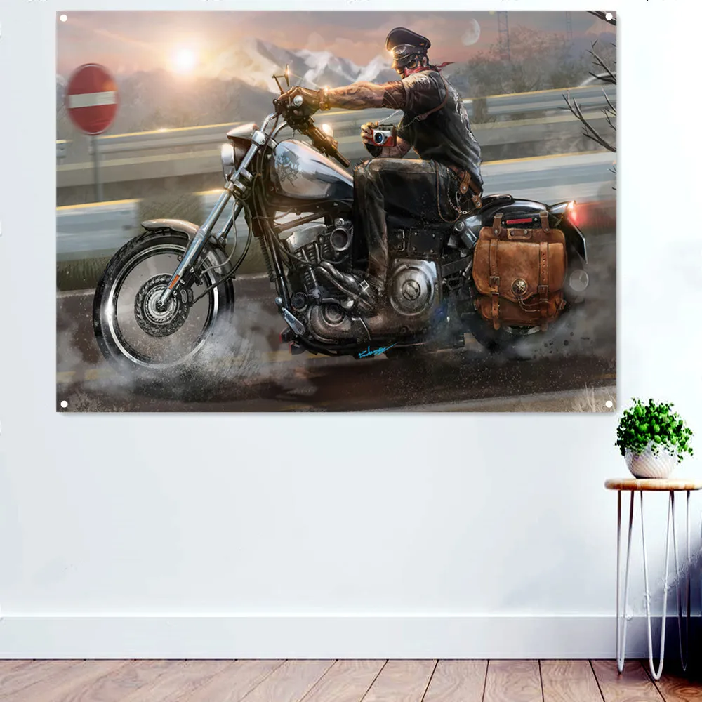 

Bike Rider on Trip Motorcycle Wall Art Posters and Prints Banner Flag Painting for Men Cave Teen Boys Room Decor Mural Tapestry