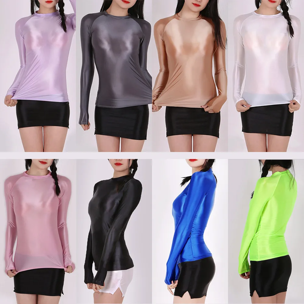 

Transparent Glossy Strechy Women Shirt Top Sets Sexy Seamless Long Sleeve Top Tee Tight Leggings Pants