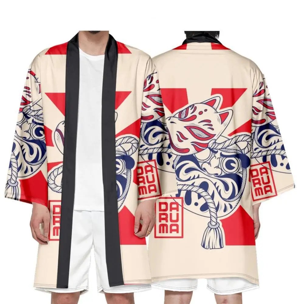 Japanese Kimono Cardigan Men's Ukiyoe Style Long Eye Pattern Women Haori Asian Yukata Half Sleeve Streetwear