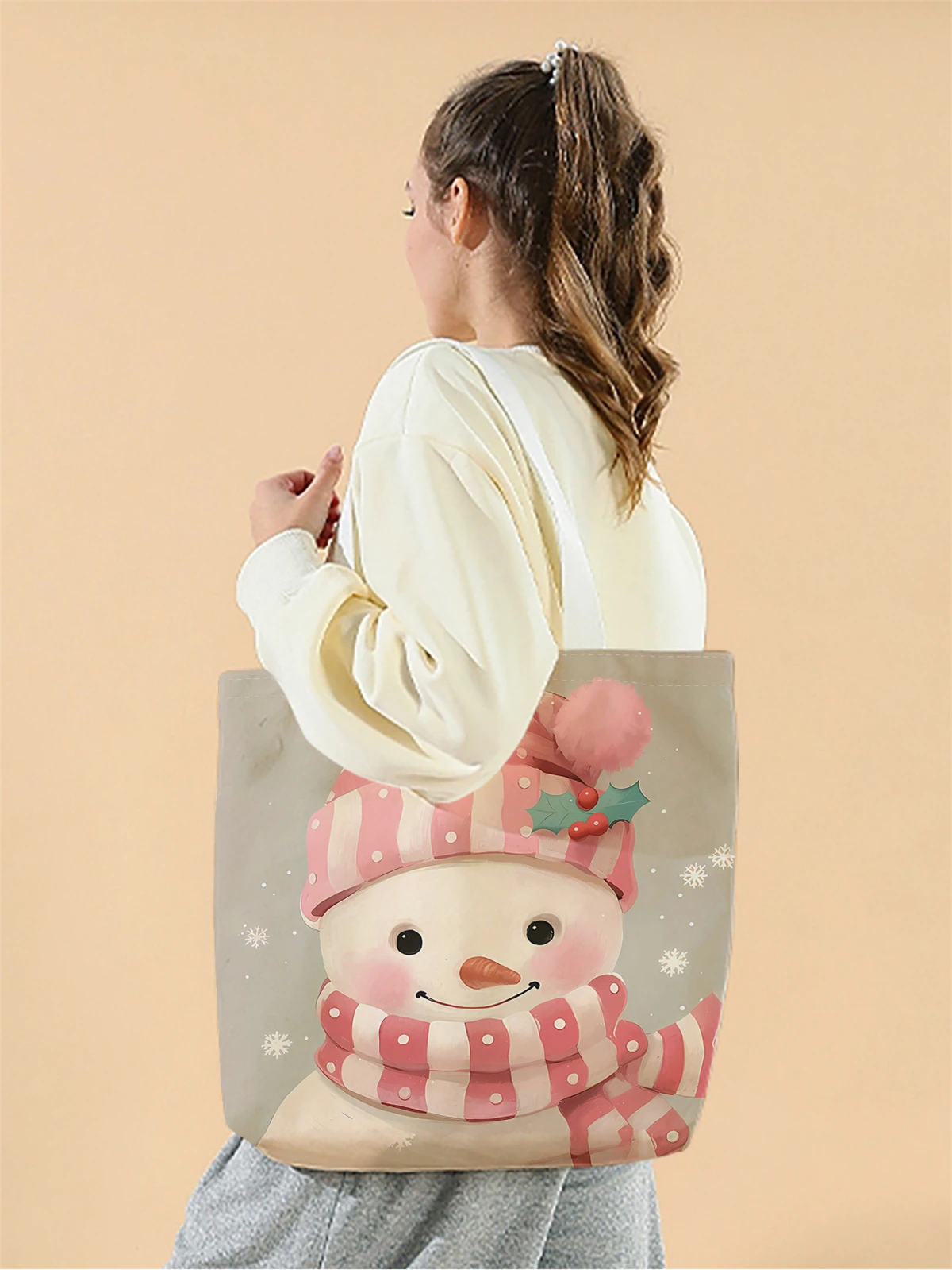 1pc,small snowman handbag, reusable fashionable handbag, multifunctional handbag, printed canvas shopping bag