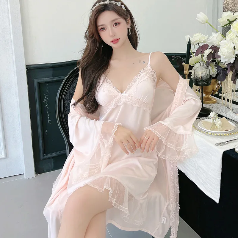 

Pink Female Twinset Robe Set Sexy Mbroidery Lace Kimono Bathrobe Nightdress Spring Summer Casual Silk Satin Sleepwear Home Dress