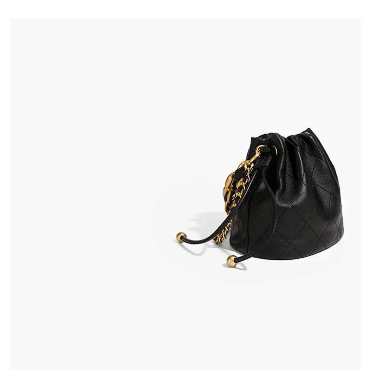 S5e4564fe0cd643e595ee39db4fed86cc3 Genuine Leather Quilted Drawstring Bucket Bag for Women with Chain Strap Crossbody Handbag for Daily Use and Commuting Mallzona