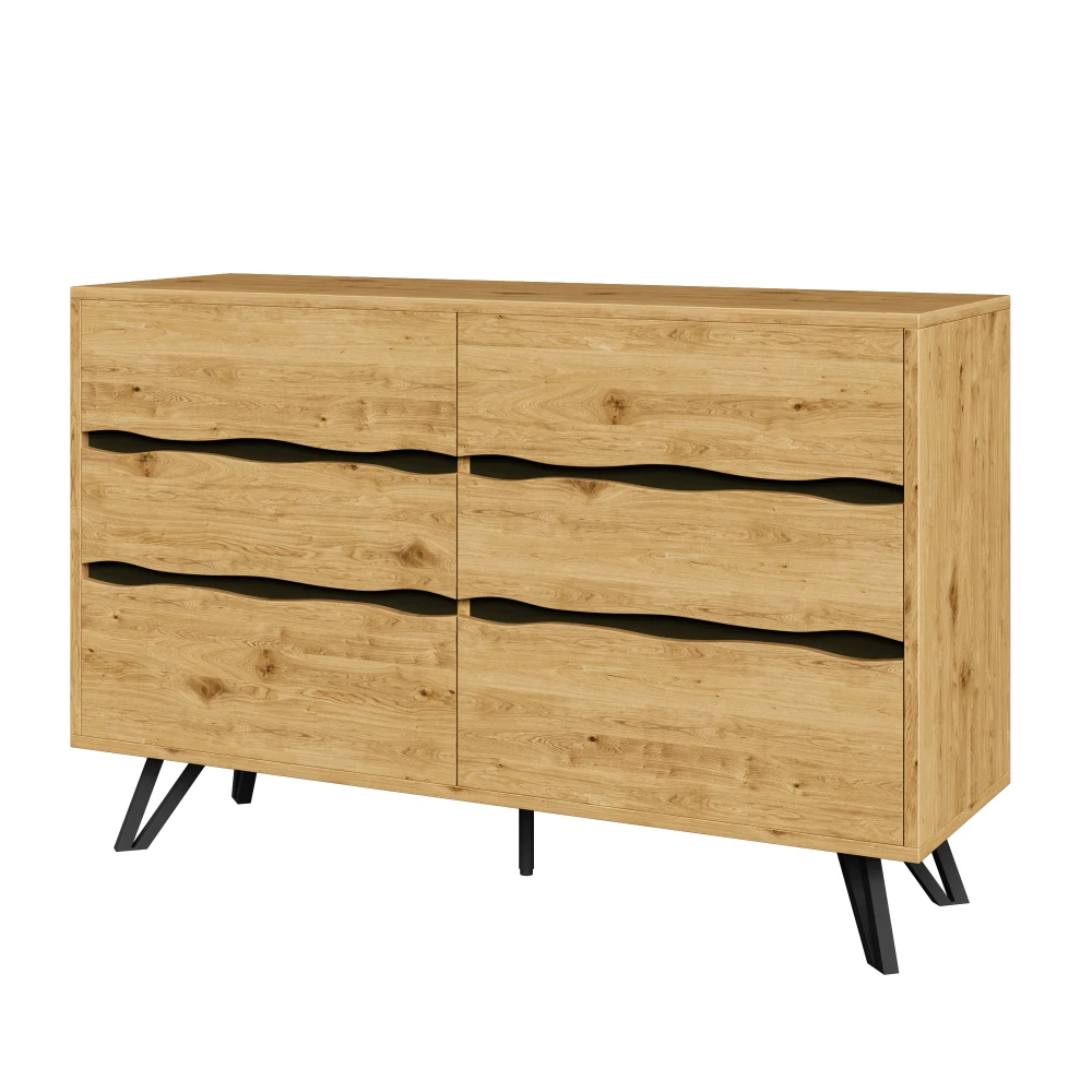 Moderner Sideboard-Schrank mit 6 Schubladen – Holzoptik, Metallfüße, viel Stauraum, minimalistisches Design, für Wohn- und Esszimmer – Detail 18