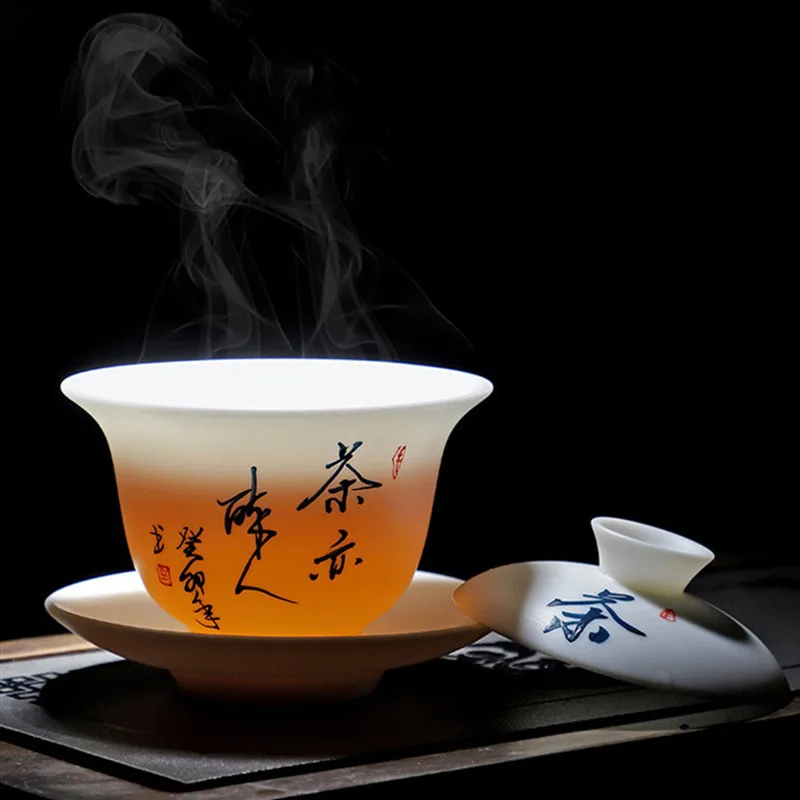 140m Chinese Handmade Ceramic Gaiwan Suede Jade Porcelain Tea Tureen Hand-painted Flowers Teacup Tea Bowl Travel Teaware