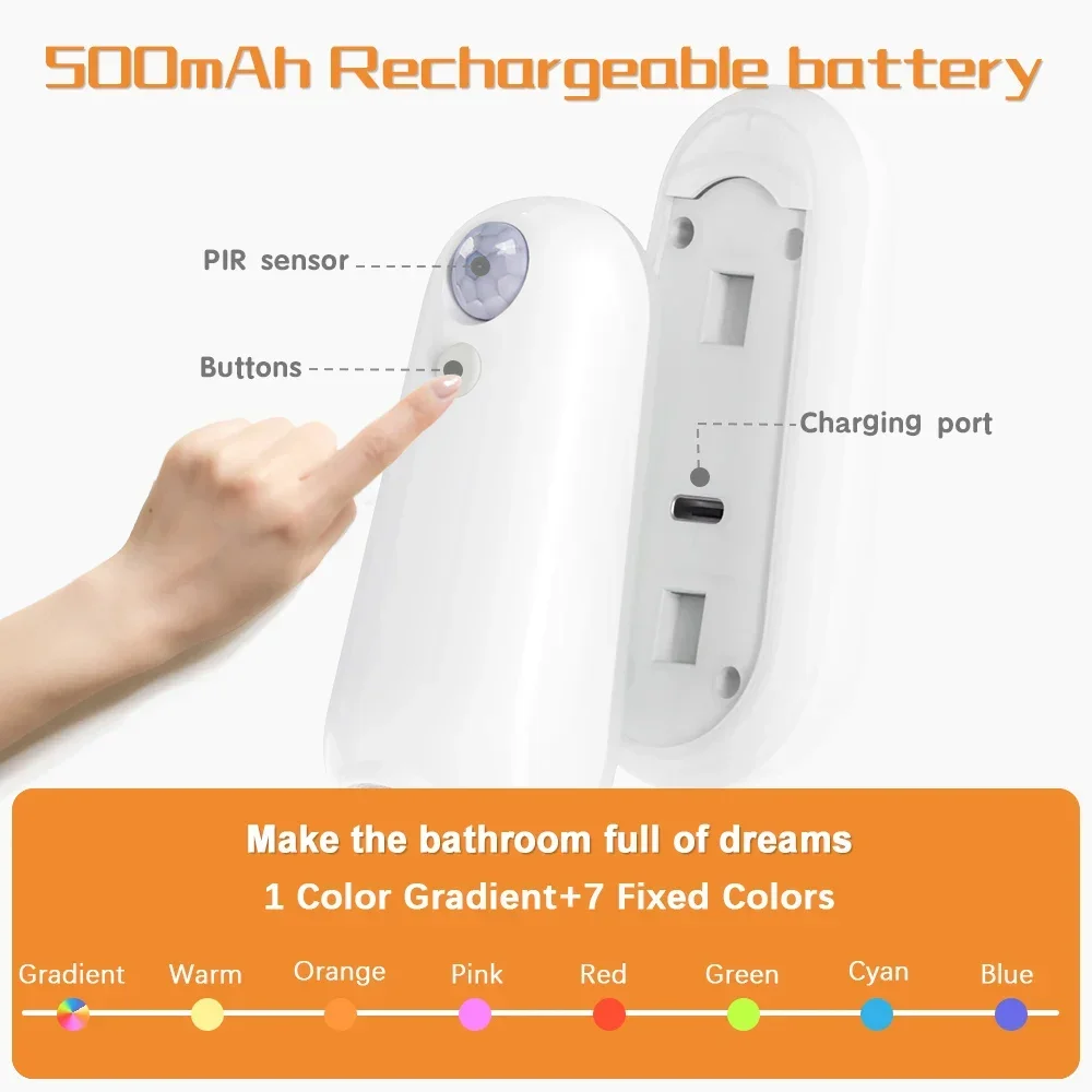 Multicolor Motion-Sensing LED Night Light with USB-C Charging and Light Sensor