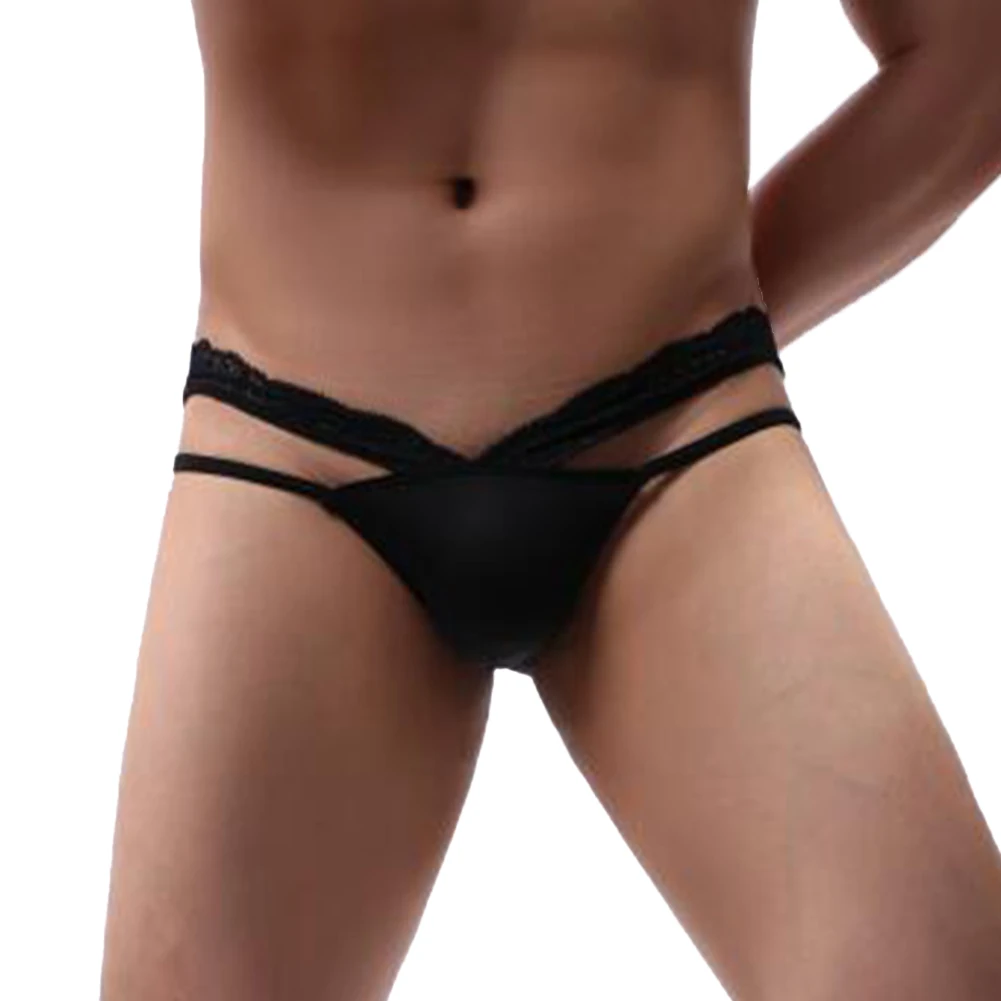

Sexy Men Sissy Briefs Hollow Lace Underwear Stretch Bikini Lingerie Breathable Lightweight Panties Gay Man Solid Erotic Knickers