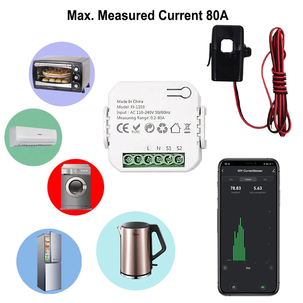 Tuya WiFi Digital Energy Monitor 80A with Current Transformer Sensor CT Smart Life App Remote Power Monitor 110V 240V 50/60Hz Power Meter Energy Meter