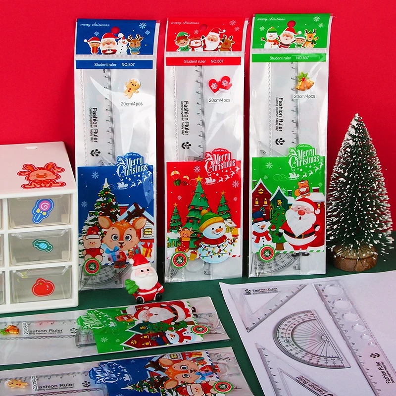 

4Pcs Cartoon Christmas Straightedge Ruler Triangle Board Christmas Gifts For Kids Kawaii School Stationery Supplies For Students