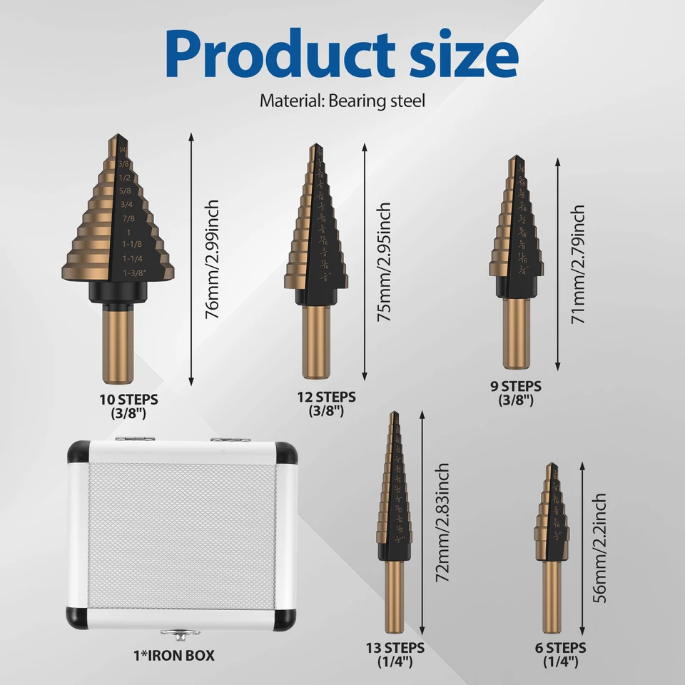 Step Drill Bit Set 5PCS Titanium HSS For Metal Wood Plastic