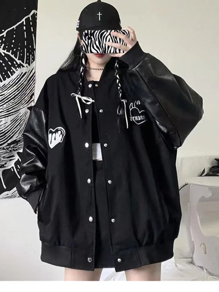 

2023 New Spring Autumn Coat Women's Korean Harajuku Style Bomber Jacket Oversized Jacket Leather Pure Black Women's Jacket Cloth