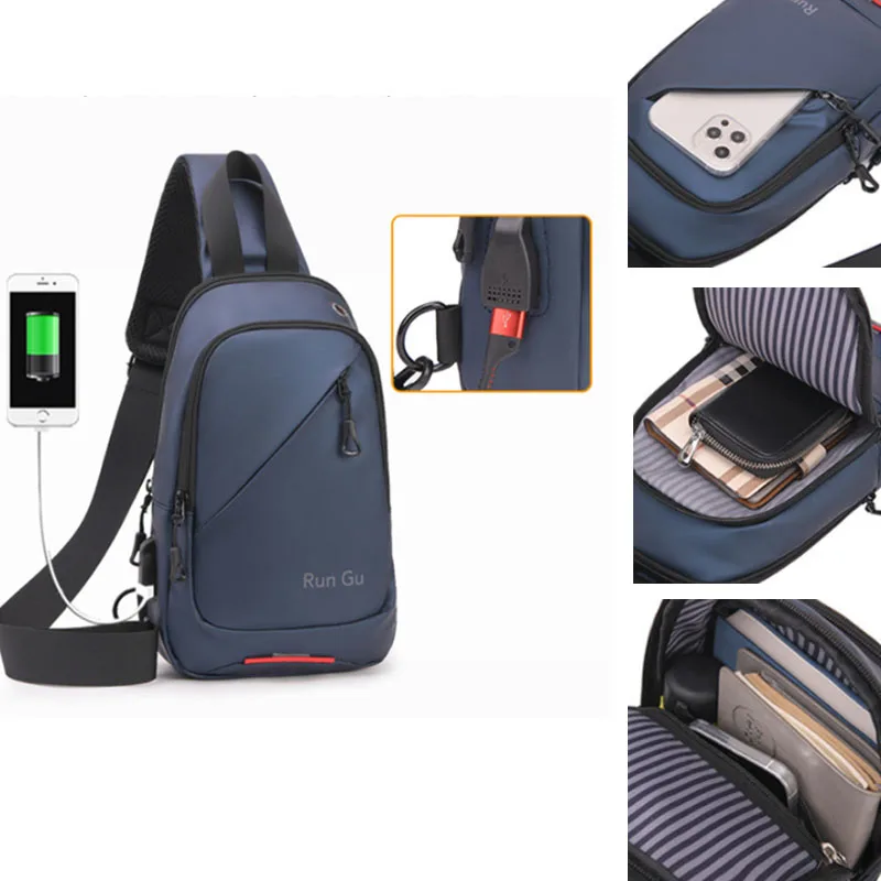 

Men's USB Charging Shoulder Bag Cross Body Sling Chest Bags with Headphone Jack Travel Oxford Crossbody Pack for Male Women