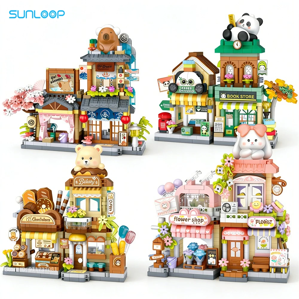 Foldable Street View Series Capybara House Panda Book Shop Mold Block Building Blocks Chinese Mini City Shop Bricks Toy for Kid