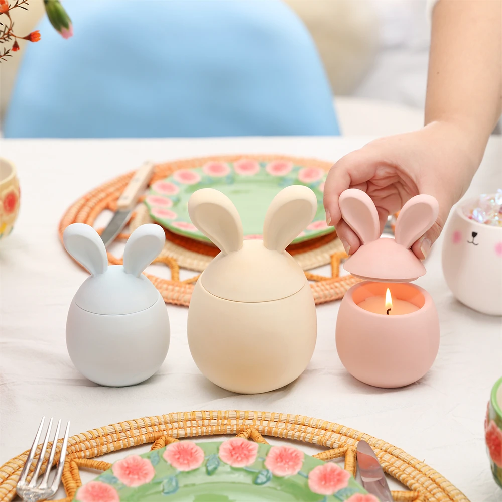 Boowan Nicole Hoppy Bunny Eared Easter Egg Candle Jar Silicone Mold for Gypsum Handmade Jesmonite Easter Candle Vessel Making silicone mold