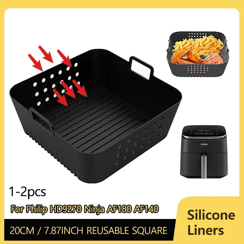 Air Fryer Liners Air Fryer Accessories Air Fryer Silicone Tray 20cm/7.87inch Square Reusable Air Fryer Silicone Liners for Ninja AF180 AF140 Silicone Basket for Philips HD9270 Accessoires