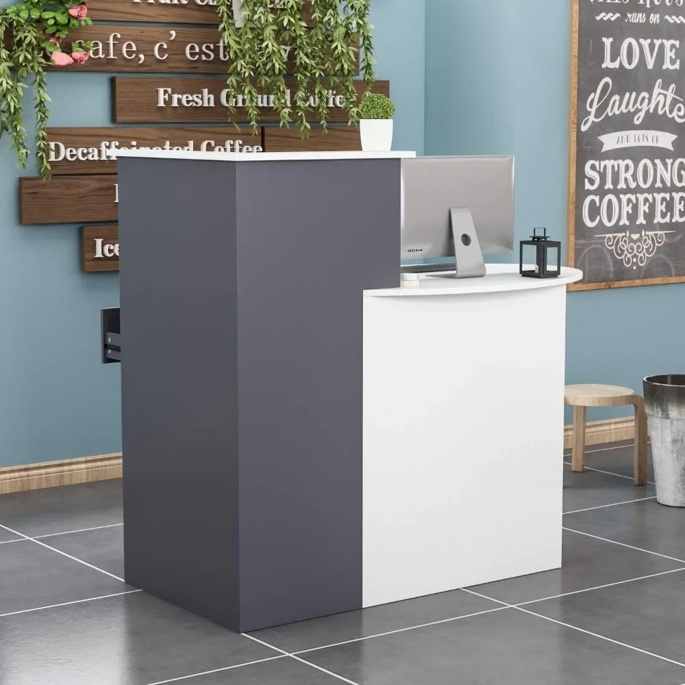 Reception Desk Front Counter Desk with Lockable Drawer & Open Shelves, Front Reception Counter with Elliptical Deskt