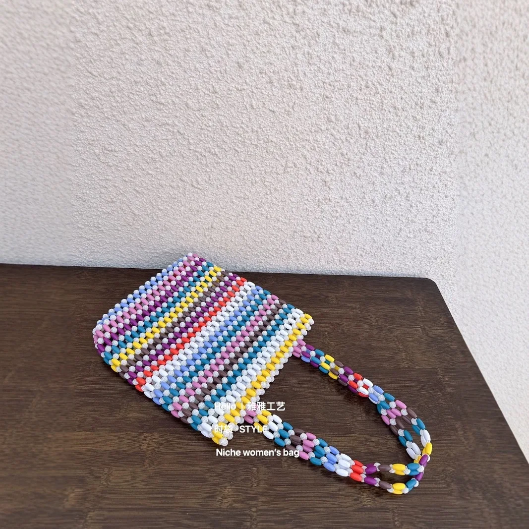 Handmade Pearl Bead Handbag Lady Tote Luxury Handbag Box Evening Bag Vintage Female Top-handle Purse Chic Ins Box Bag